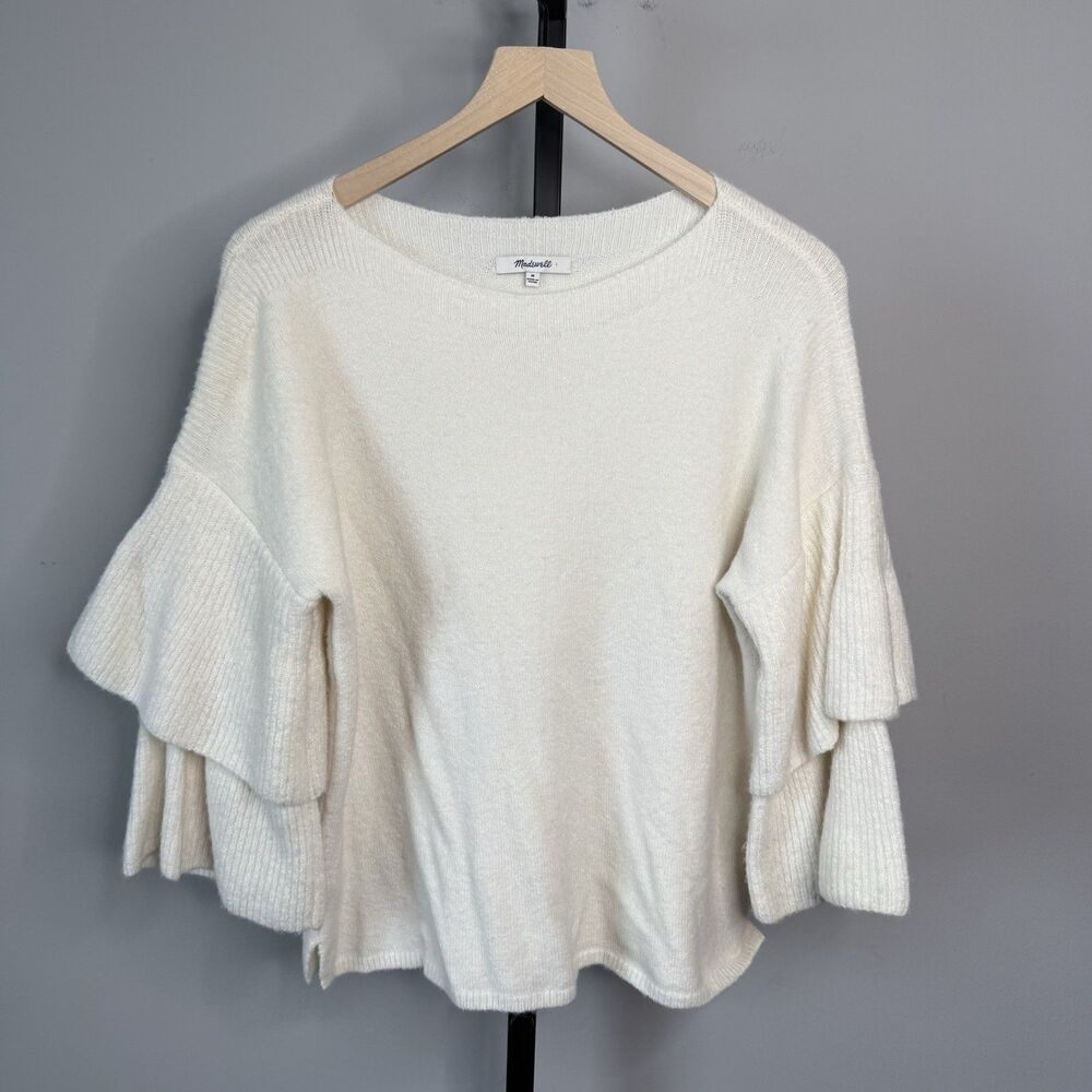 Madewell Tier Sleeve Ivory Wool Pullover Sweater in Cozy Yarn Size Medium